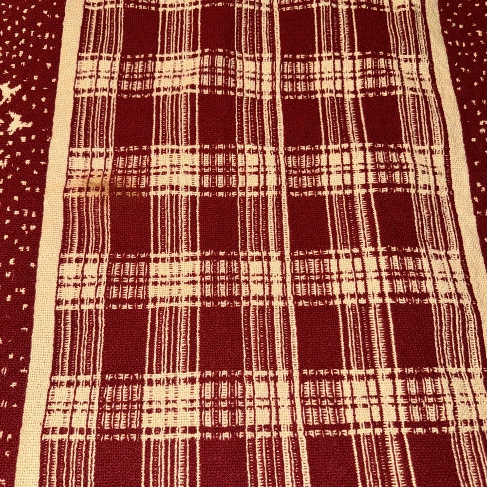 Crate Barrel table runner Red White Fringed House Tree Motif Belgian Cott 2 Side